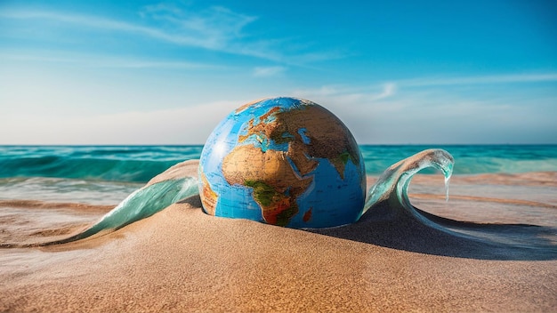 Globe in sand with gentle waves symbolizing ocean protection under a clear blue sky on World Oceans