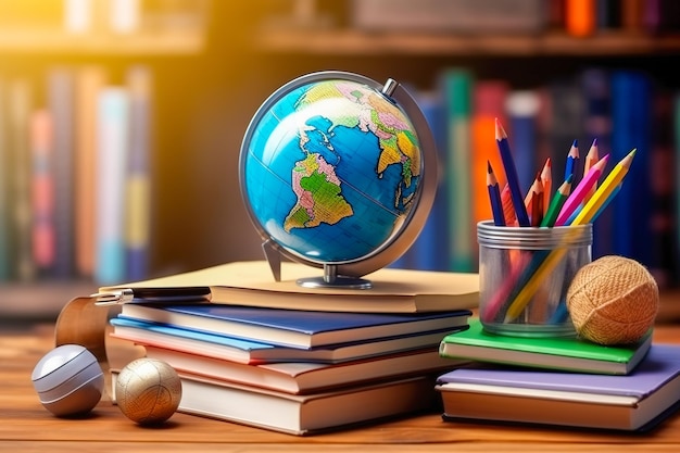 Глобус и школьные принадлежности на столе Концепция школьного образования Генеративный ИИ