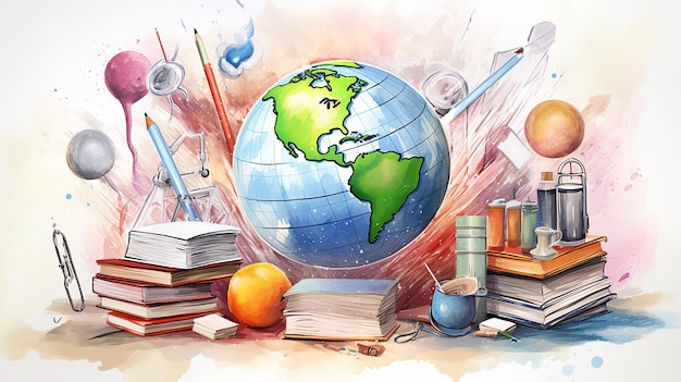 globe and school supplies in a whirlwind around back to school background trending