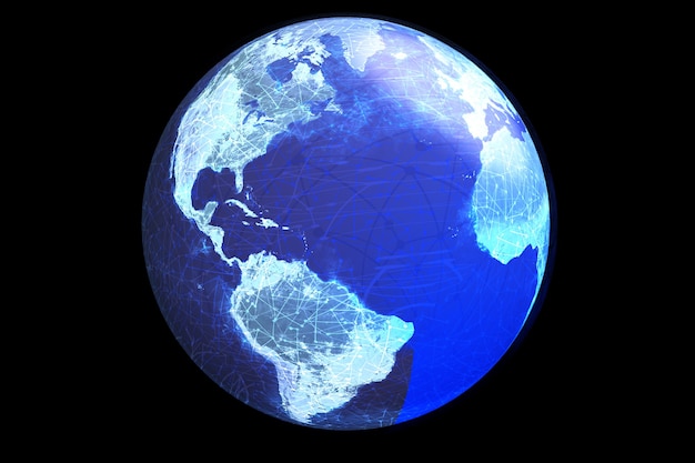 A globe showing global electronic communications and nodes.
