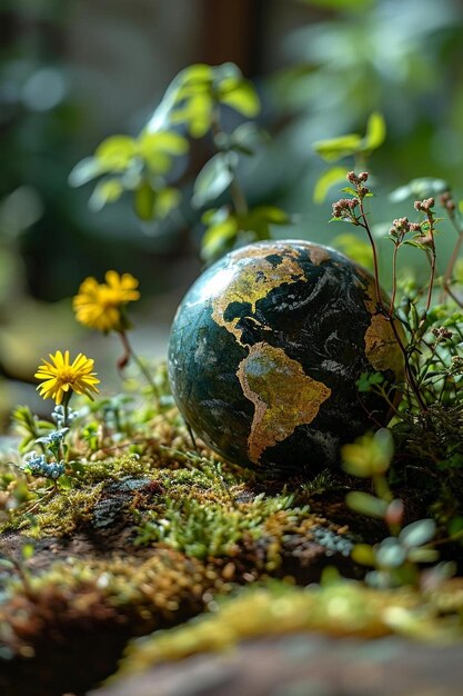 Foto un globo seduto sopra un terreno coperto di muschio