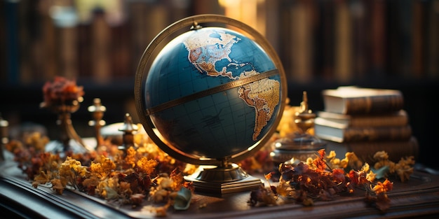 A Globe Standing On Desk Next To World Map Background