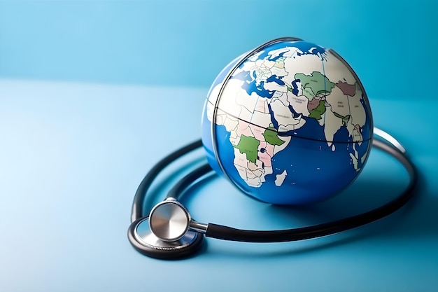 Globe and stethoscope on blue background