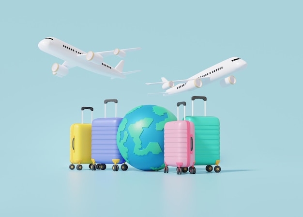 Globe and suitcase with flight plane travel tourism plane trip planning world tour luggage leisure touring holiday summer concept minimal cartoon 3d render illustration