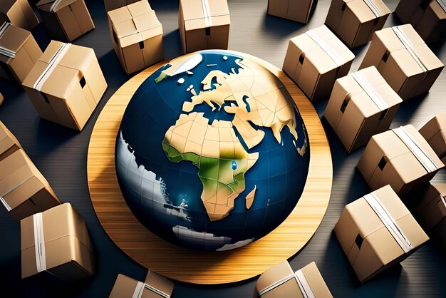 Foto globo circondato da scatole di cartone global business logistics 3d render