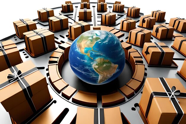 globe surrounded by cardboard boxes global business logistics 3d render