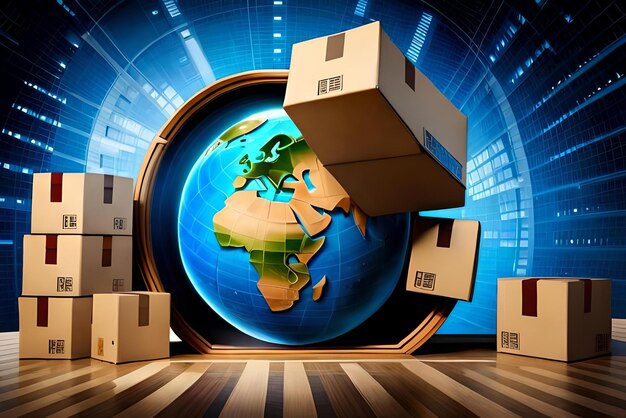 globe surrounded by cardboard boxes global business logistics 3d render