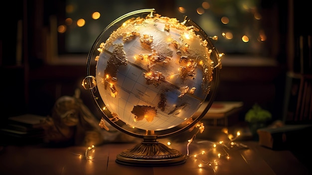 A globe surrounded by fairy lights