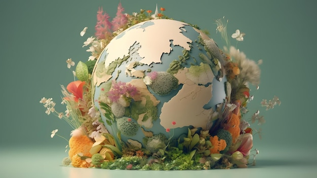 A globe surrounded by flowers and plants