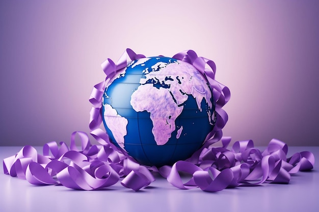 a globe surrounded by purple ribbon on purple blur background