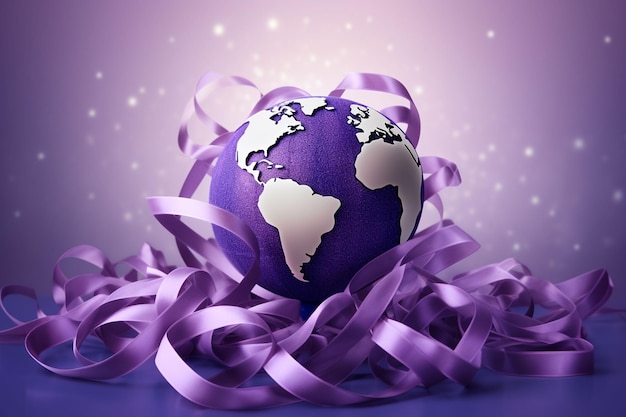 a globe surrounded by purple ribbon on purple blur background