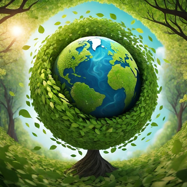 a globe surrounded by a swirling vortex of leaves