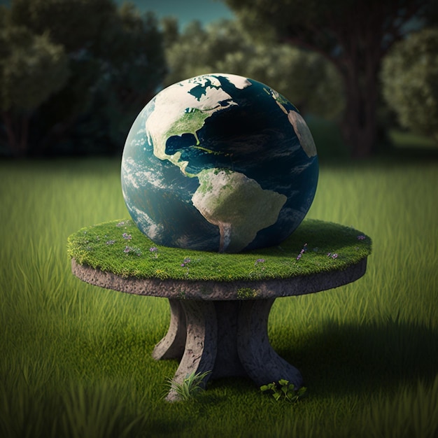 A globe on a table with grass and trees in the backgroundgenerative ai