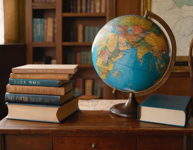 Photo globe on a table with a stack of books