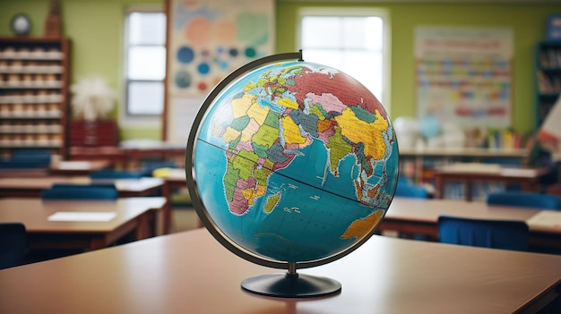 Photo globe on a table with a world map on the top.