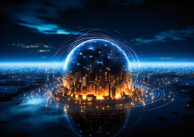 a globe that is connected to the city lights