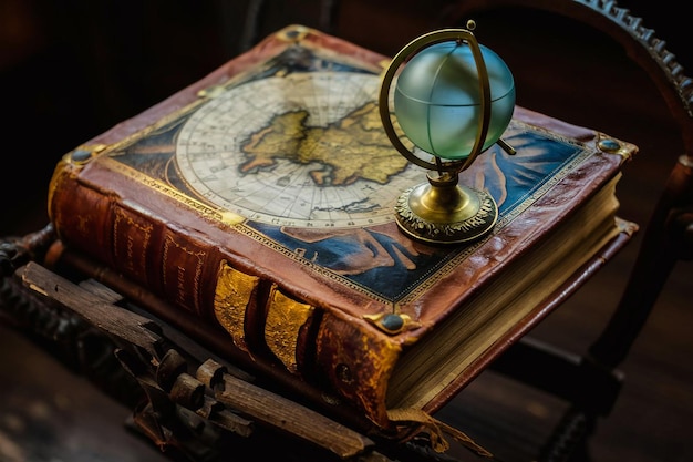a globe on top of a book with a globe on top
