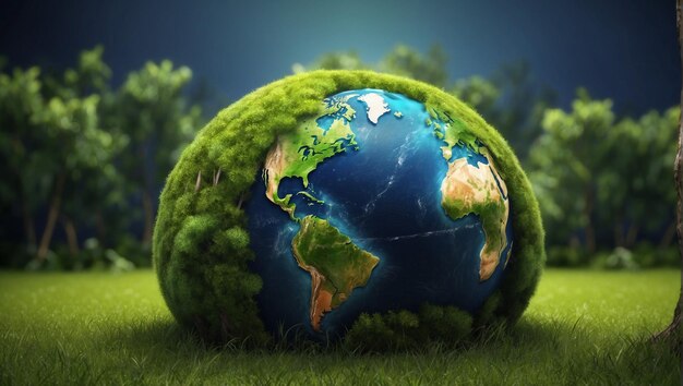 a globe on top of a lush green field