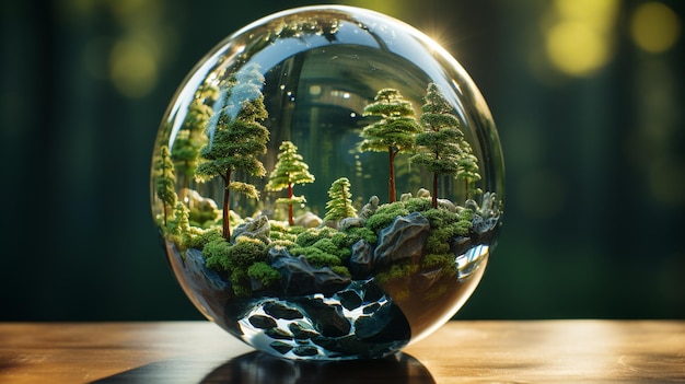 Globe transparent model on wood table with blurred background Generative AI