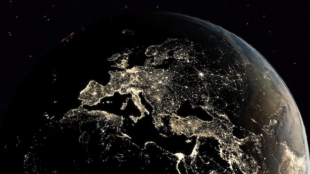 Globe view from space at night of illuminated European countries and surrounds