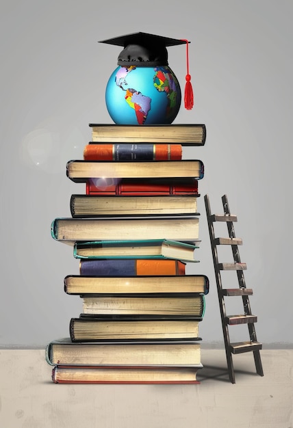 a globe wearing a graduation cap and ladders for education day front view of stacked books