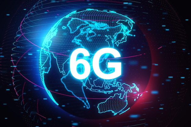 Глобус с голограммой 6G на темном фоне Технологические данные и концепция будущего 3D рендеринга