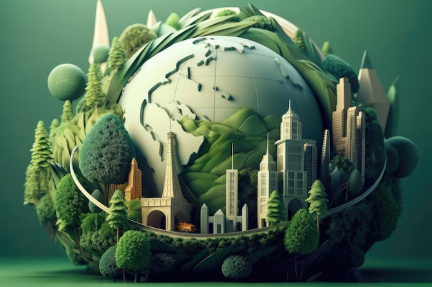 도시와 녹색 나무 환경 친화적인 지구 에너지 개념을 가진 지구