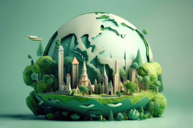 Globe with City and Green Trees Eco Friendly Earth Energy Concept