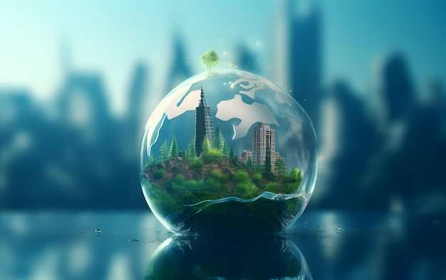 A globe with a city on it and a city in the background.