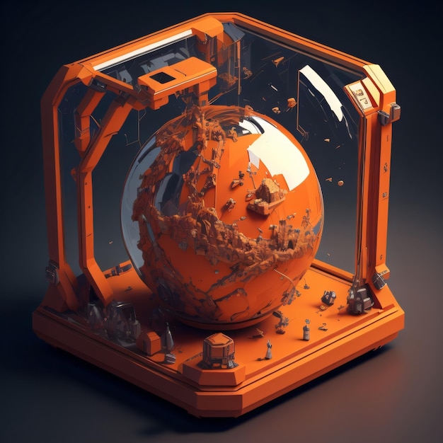 A globe with a city on it is in a glass case.