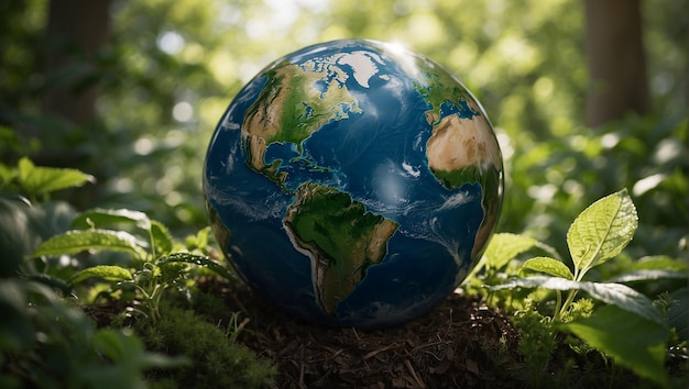 Foto un globo con la terra su di esso e la terra sullo sfondo