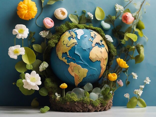 a globe with flowers around it and a blue background with a world around it