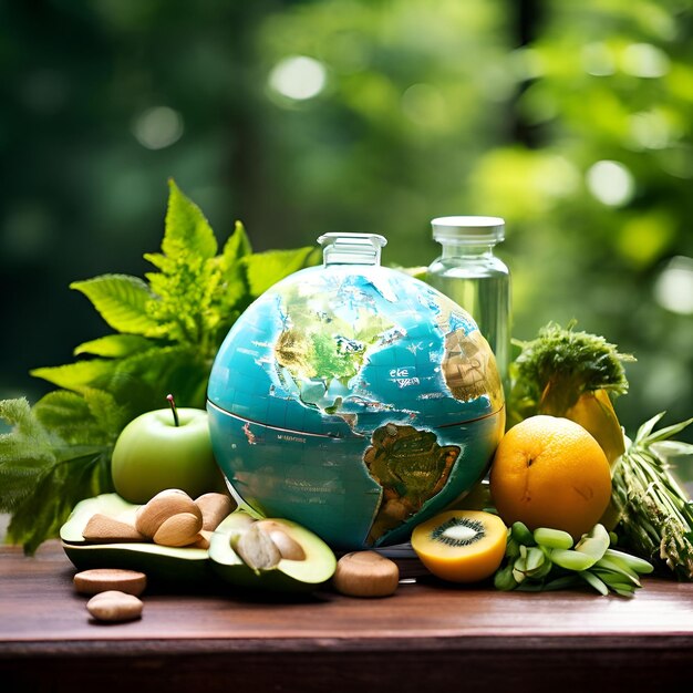 a globe with a globe and fruits on a table