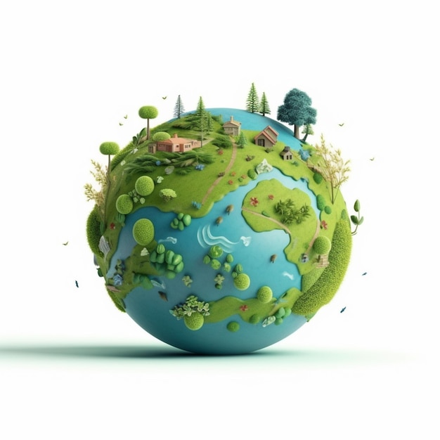 A globe with a green earth with a landscape of trees and houses.