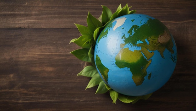 a globe with a green leaf on it sits on a wooden surface