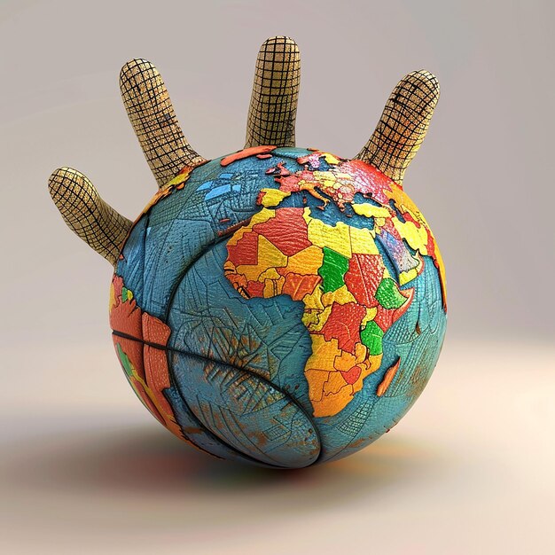 a globe with a hand made of legos and the earth has a finger pointing to the right