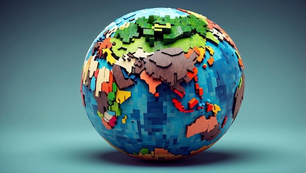 a globe with a map of the world on it Voxel style 3d cubes Minecraft lego