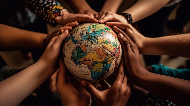 Photo a globe with people from different cultures holding hands around it world's earth day