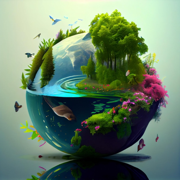 A globe with a picture of a tree and a water globe with a fish and a bird on it.