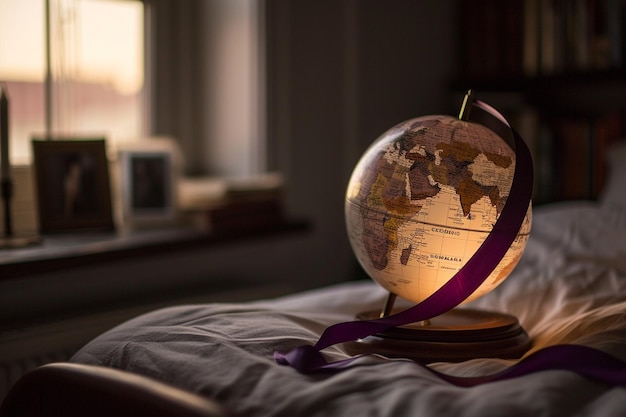 A globe with purple ribbon for cancer awareness day