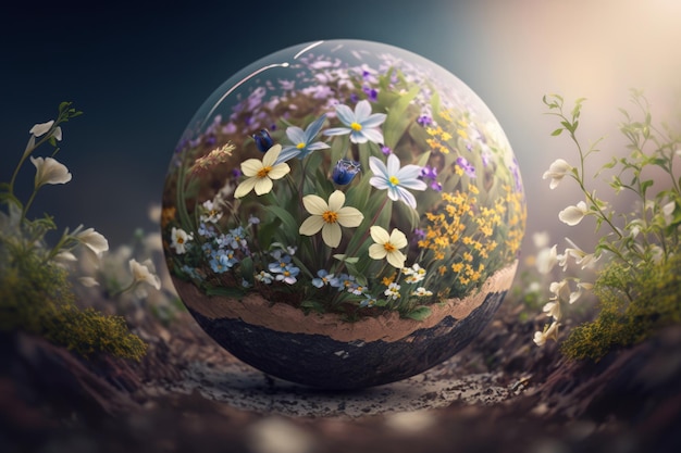 Globe with spring flowers in the forest generative ai