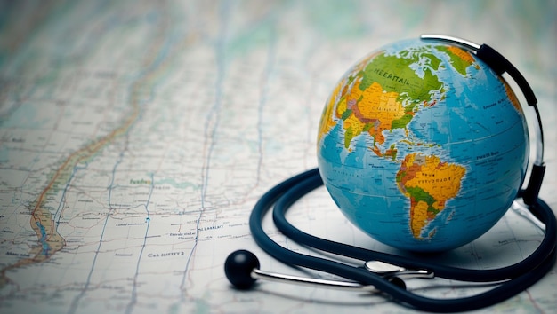 a globe with a stethoscope around it is on a table