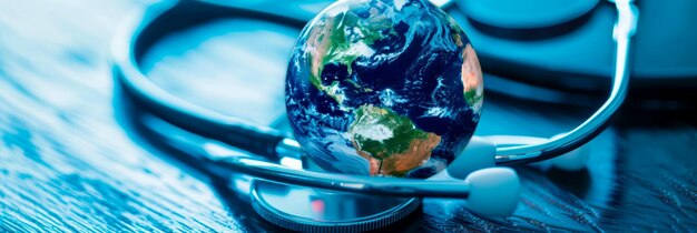 Photo globe with a stethoscope wrapped around it symbolizing the global impact and reach of healthcare professionals