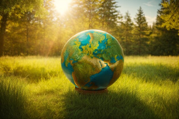 Photo a globe with trees or grass showing us message about ozone day or green earth