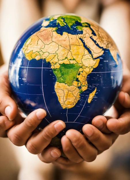 a globe with the word earth on it and a person holding it