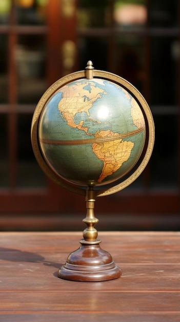 Photo a globe with the word world on it is on a wooden surface