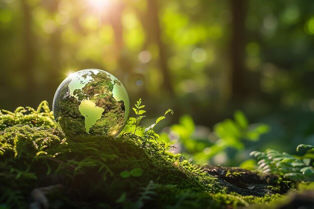 Foto un globo con il mondo su di esso nella foresta