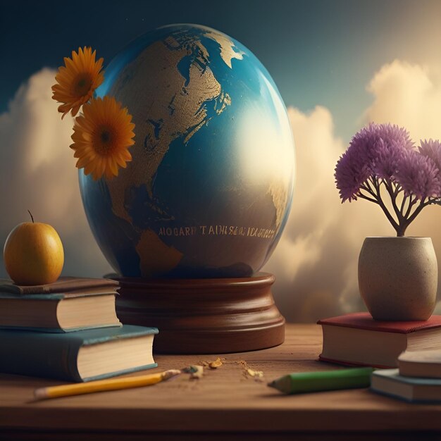 Foto un globo con la mappa del mondo su di esso e fiori sul tavolo
