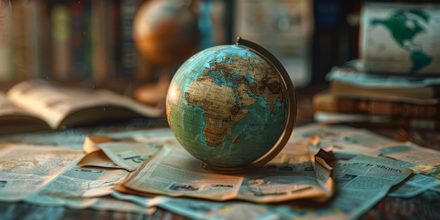 a globe with a world map on it and a pile of money in the background