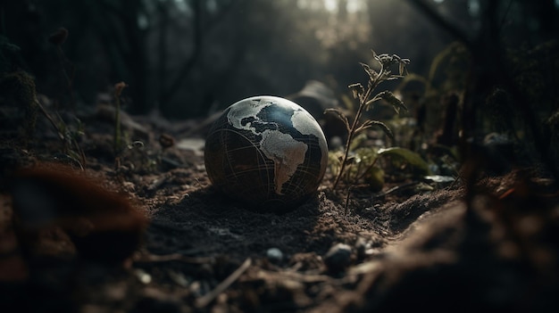 A globe in the woods with the word world on it